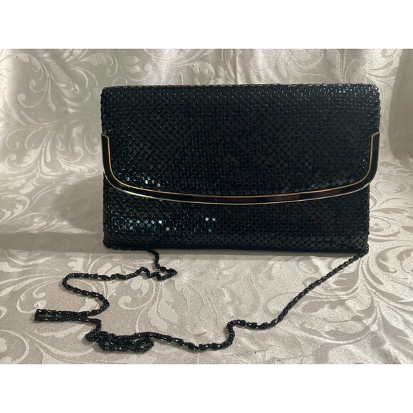 Vintage 80s Black Purse 1980s Mesh Disco Studio 54 Glam Retro Shoulder Strap - Picture 1 of 6